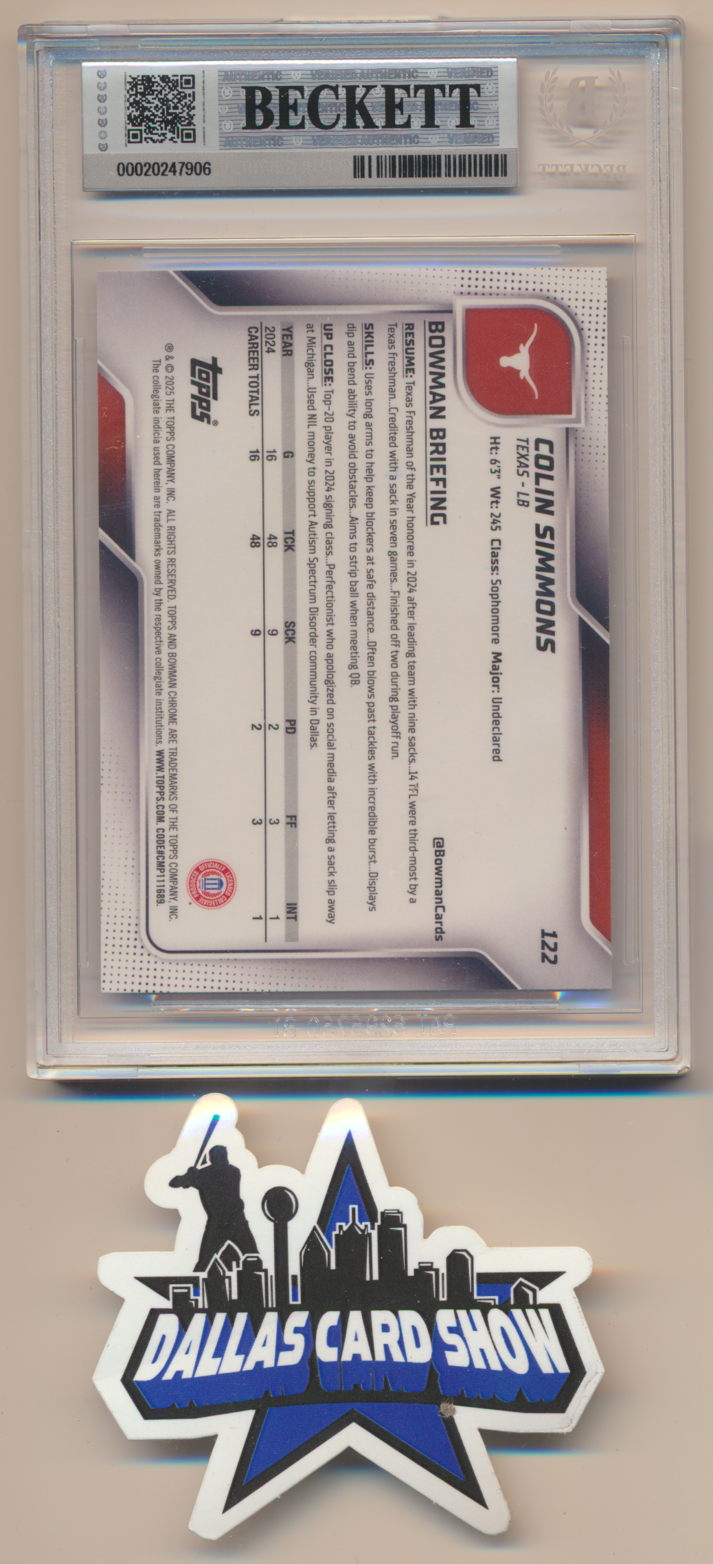 COLIN SIMMONS TEXAS LONGHORNS SIGNED 2025 Bowman Chrome University #122 BGS BAS SLAB AUTO 10