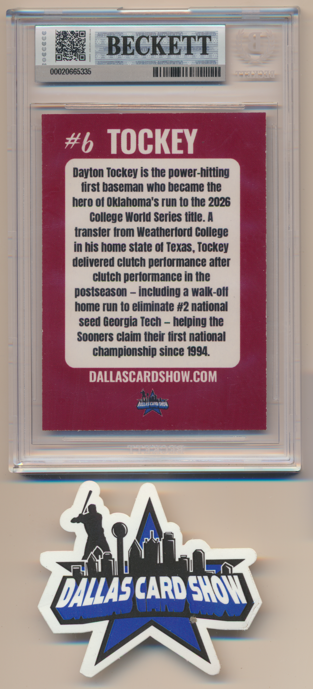 DAYTON TOCKEY OU OKLAHOMA SOONERS SIGNED 2026 June Dallas Card Show BGS BAS SLAB AUTO 10