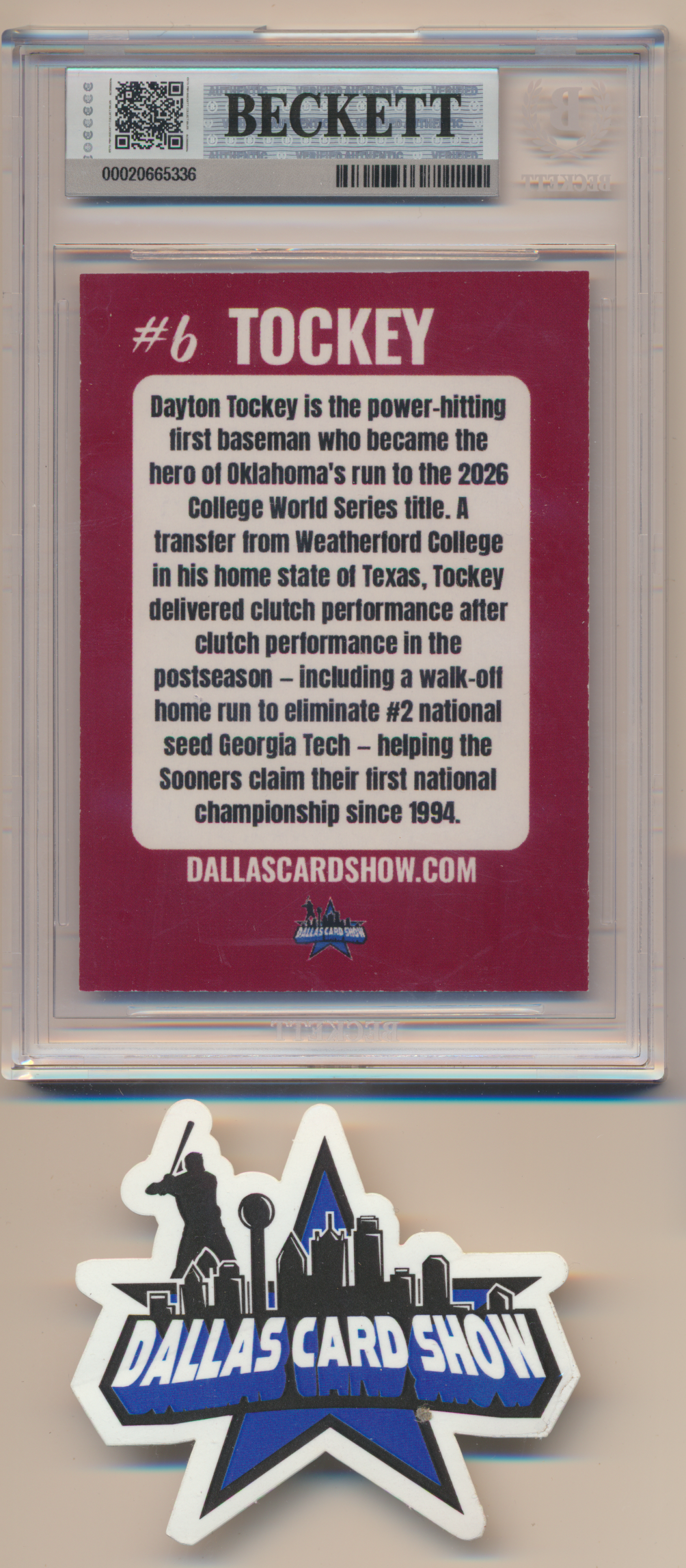 DAYTON TOCKEY OU OKLAHOMA SOONERS SIGNED 2026 June Dallas Card Show BGS BAS SLAB AUTO 10