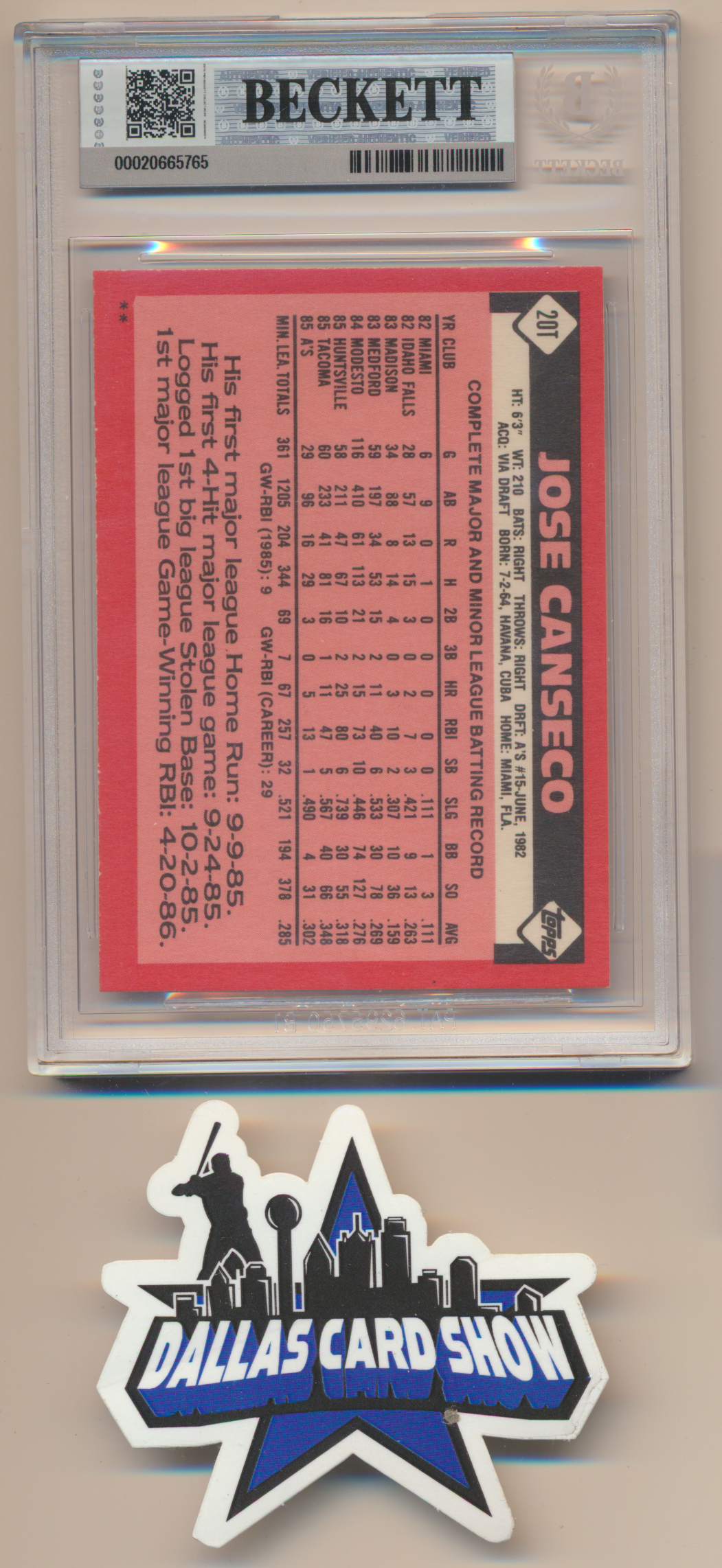 JOSE CANSECO OAKLAND A's SIGNED 1986 Topps Traded #20T BGS BAS SLAB AUTO 10
