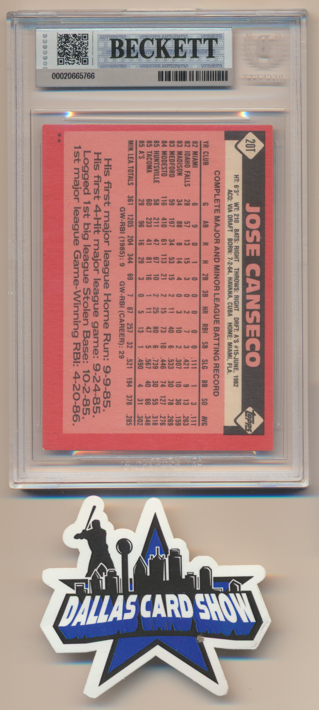 JOSE CANSECO OAKLAND A's SIGNED 1986 Topps Traded #20T BGS BAS SLAB AUTO 10