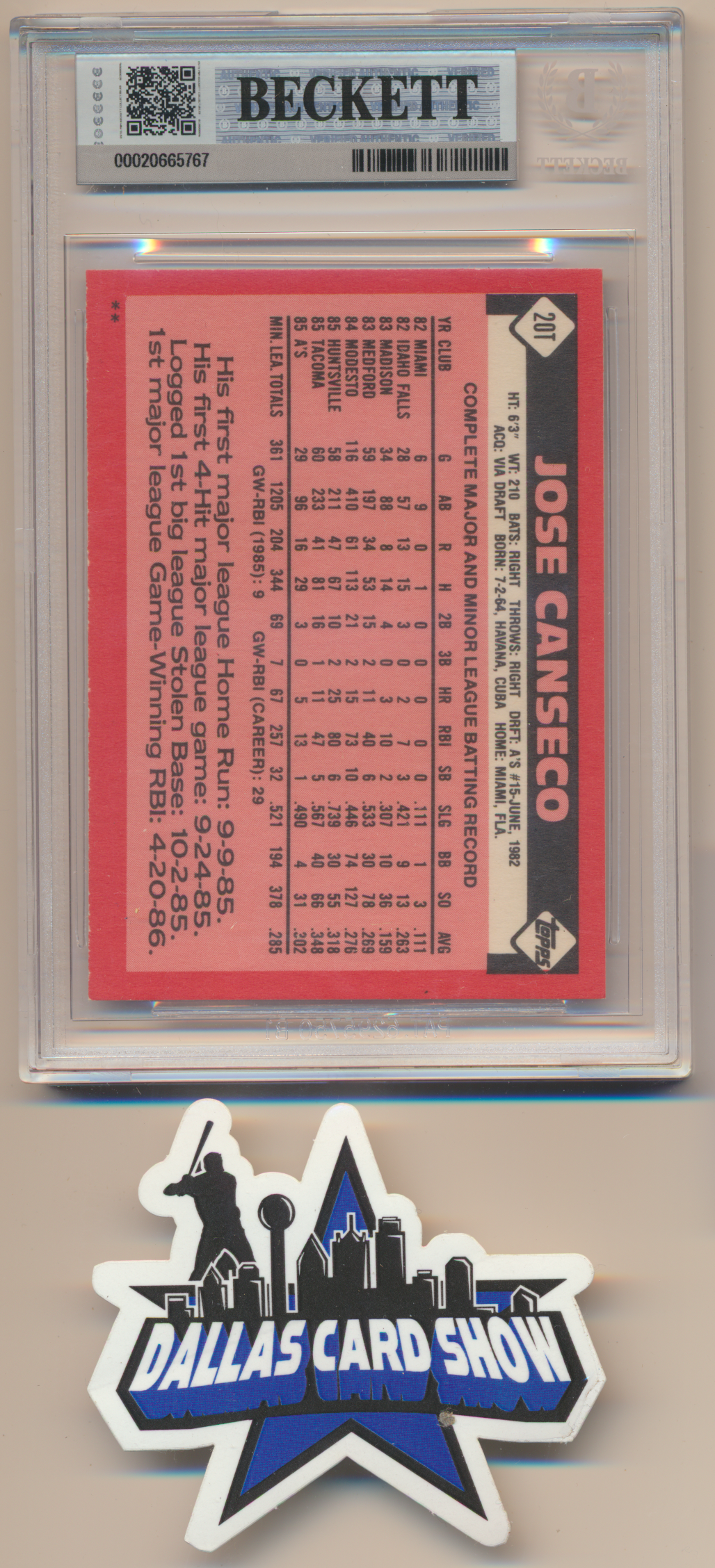 JOSE CANSECO OAKLAND A's SIGNED 1986 Topps Traded #20T BGS BAS SLAB AUTO 10