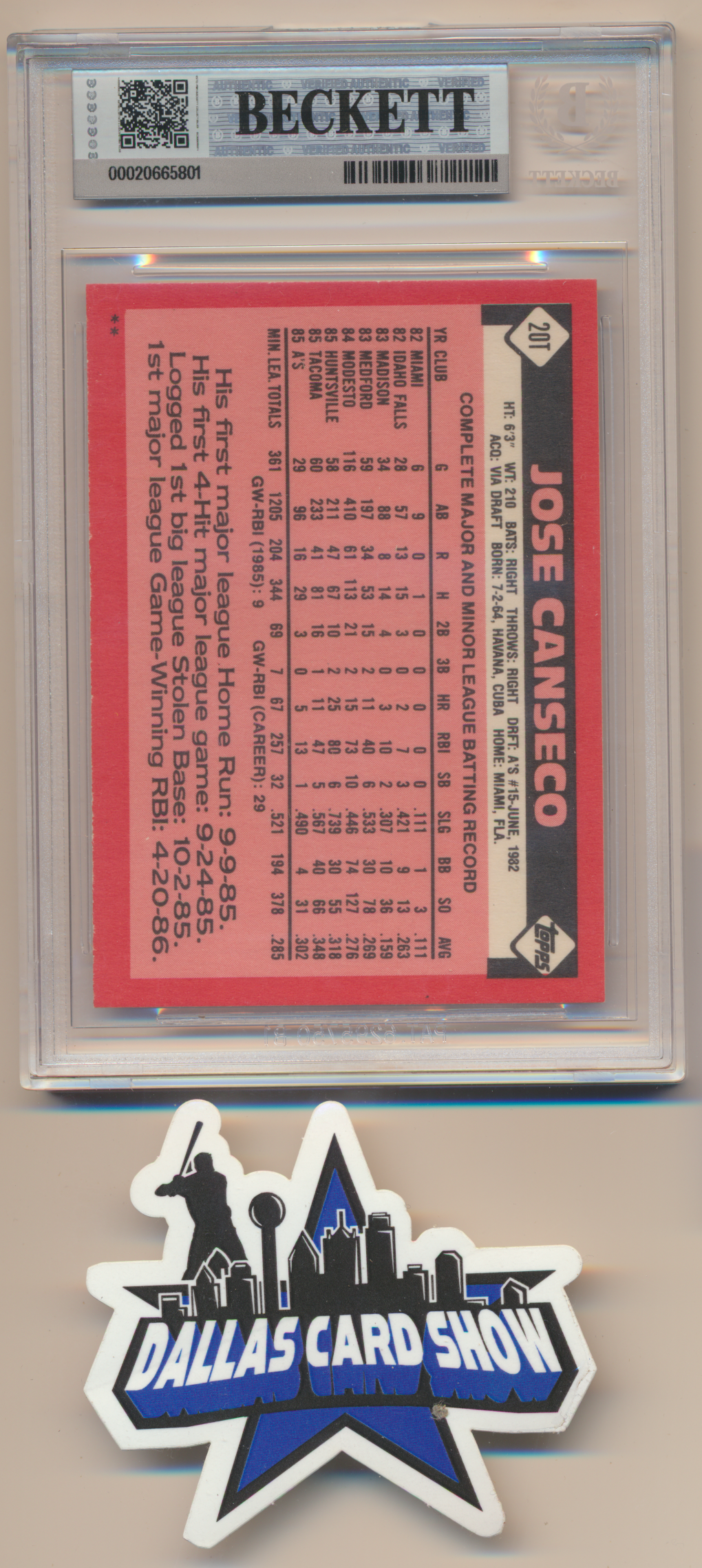 JOSE CANSECO OAKLAND A's SIGNED 1986 Topps Traded #20T BGS BAS SLAB AUTO 10