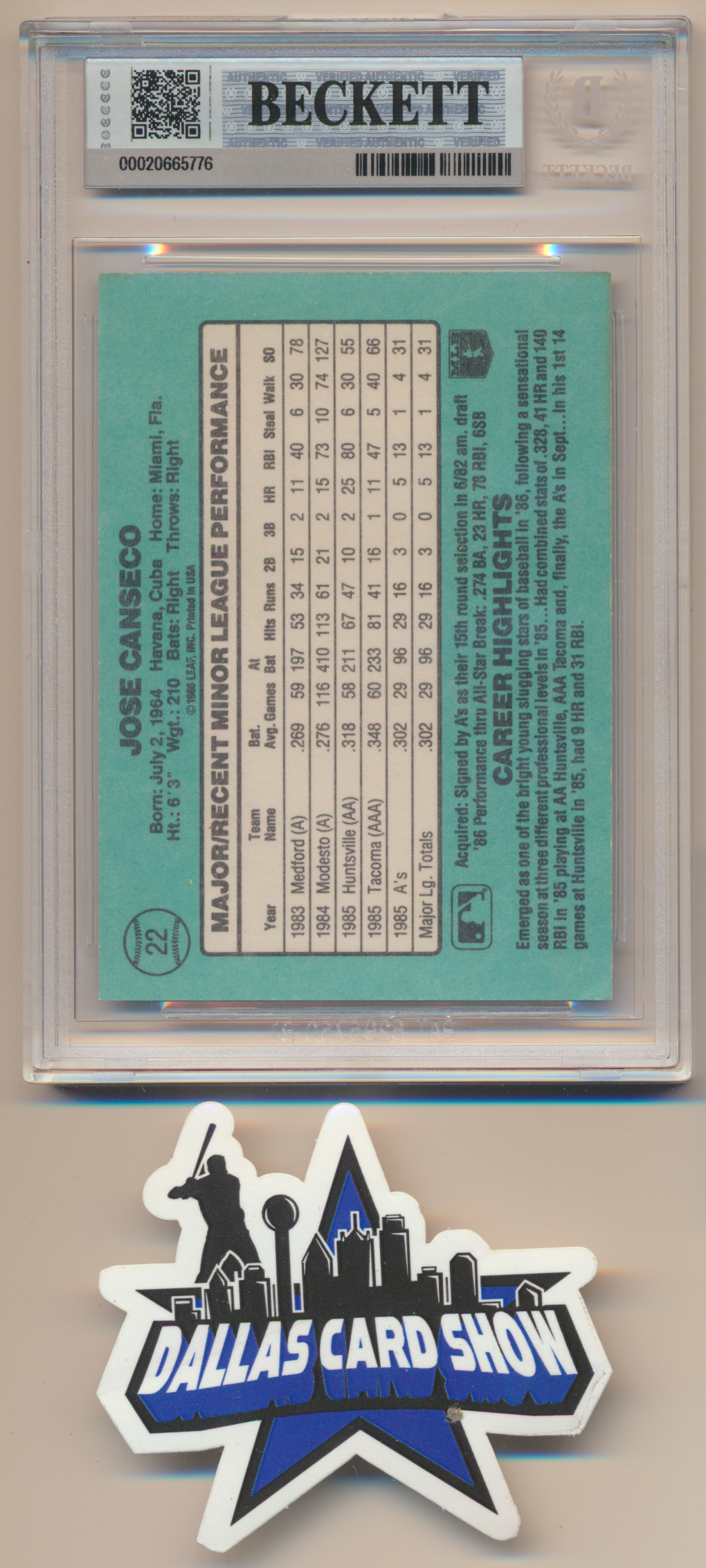 JOSE CANSECO OAKLAND A's SIGNED 1986 Donruss Rookies #22 BGS BAS SLAB AUTO 10