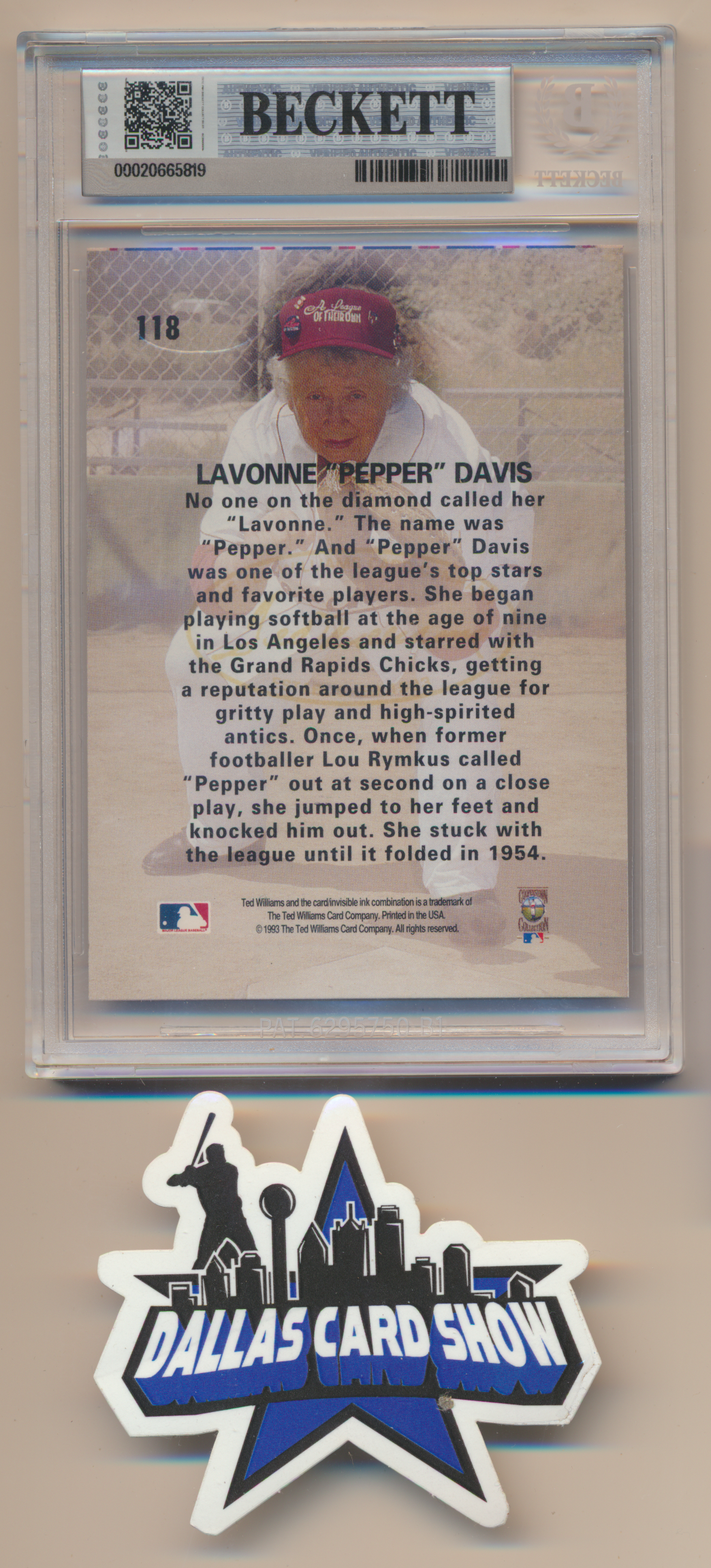 PEPPER DAVIS A League of Their Own SIGNED 1993 TED WILLIAMS #118 BGS BAS SLAB