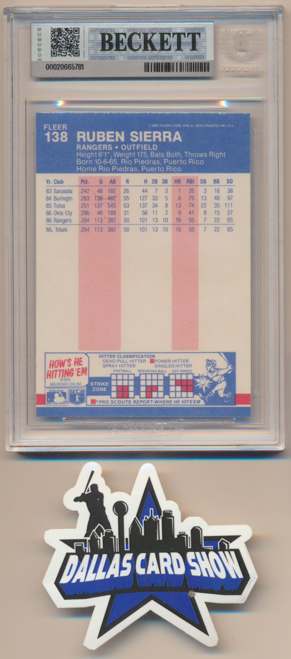 RUBEN SIERRA TEXAS RANGERS SIGNED 1987 Fleer #138 BGS BAS SLAB AUTO 10