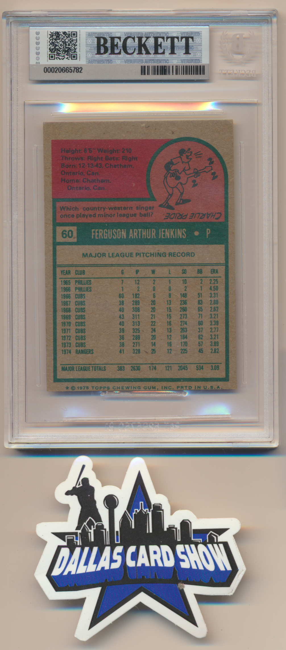 FERGIE JENKINS TEXAS RANGERS SIGNED 1975 Topps Mini #60 BGS BAS SLAB AUTO 10