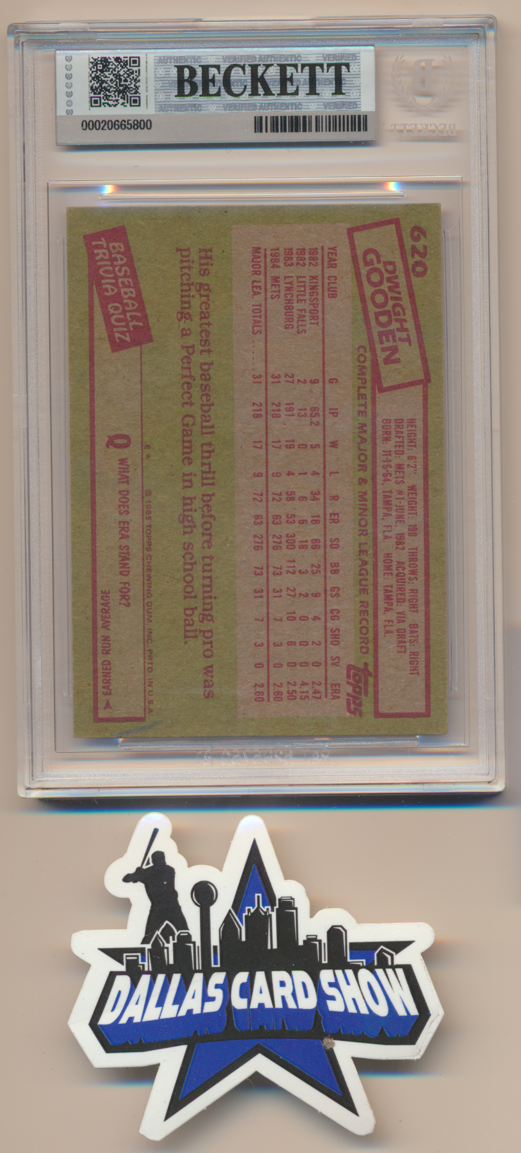 DWIGHT DOC GOODEN NY METS SIGNED 1985 Topps #620 BGS BAS SLAB AUTO 10