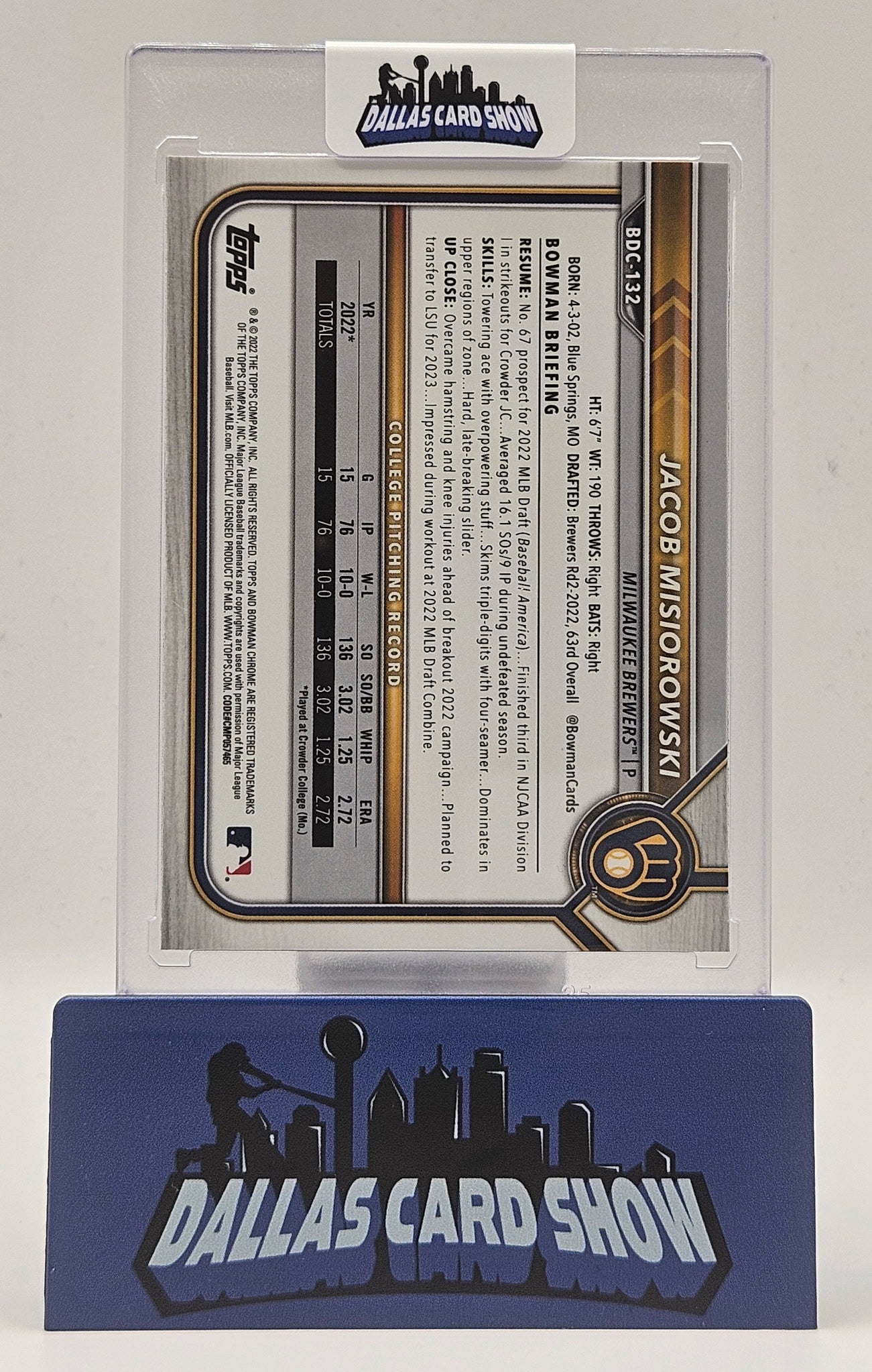 2022 Bowman Draft Sapphire #BDC-132 Jacob Misiorowski 1st Bowman