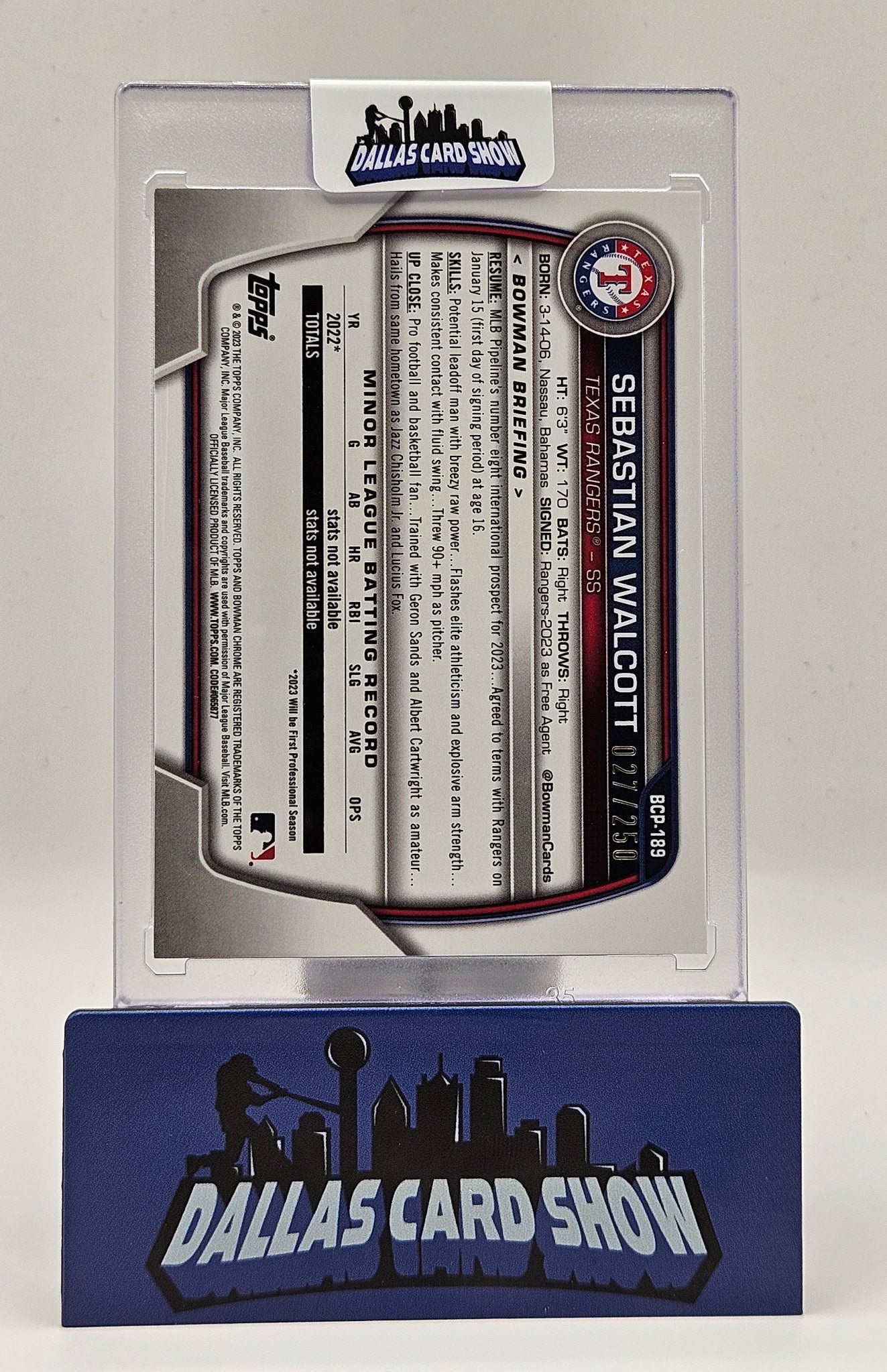 2023 Bowman Chrome #BCP-189 Sebastian Walcott Purple 1st Bowman /250