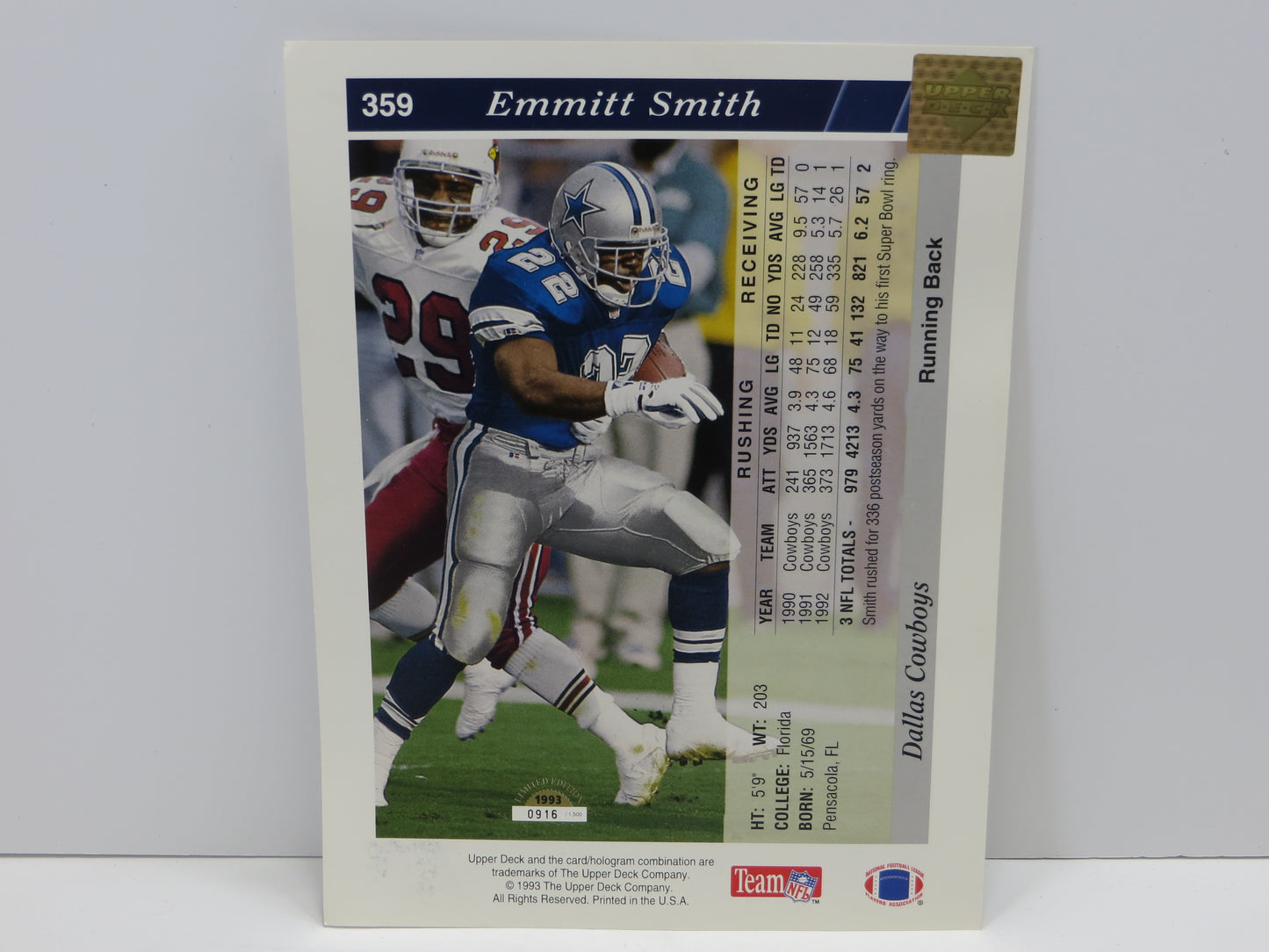 EMMITT SMITH DALLAS COWBOYS SIGNED UPPER DECK FOOTBALL #359 BIG CARD JSA