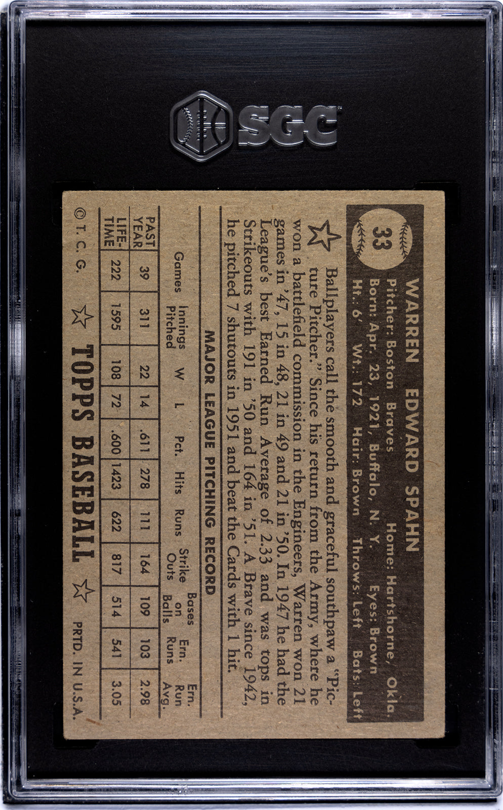 1952 Topps #33 Warren Spahn Black Back SGC 2.5