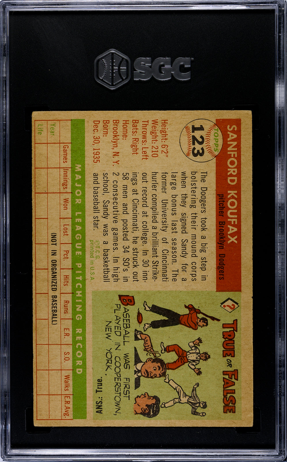 1955 Topps #123 Sandy Koufax SGC 4