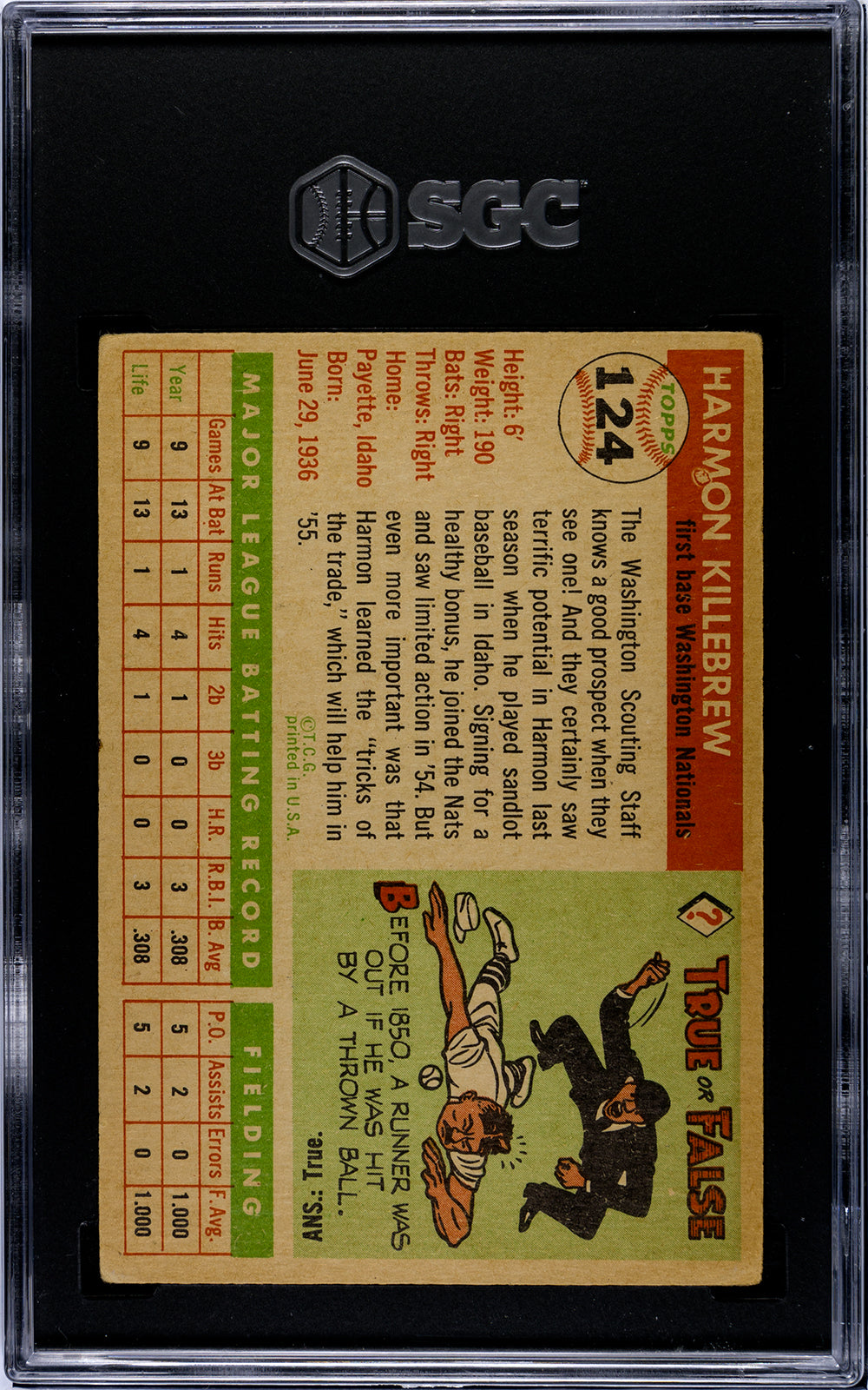 1955 Topps #124 Harmon Killebrew SGC 3