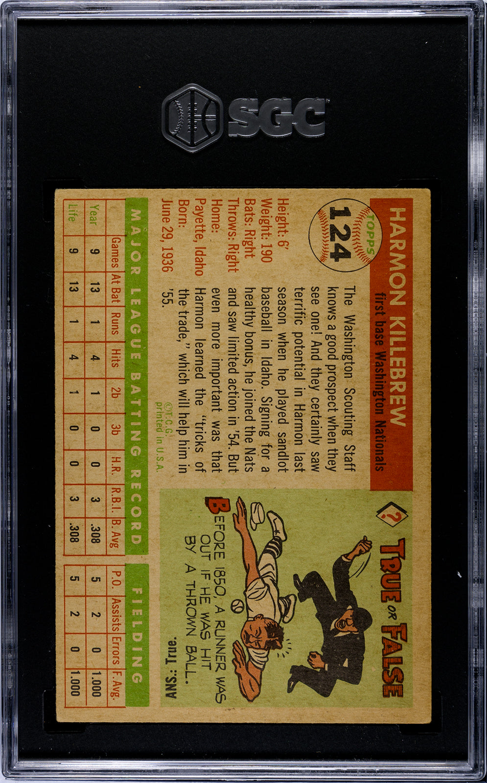 1955 Topps #124 Harmon Killebrew SGC 4