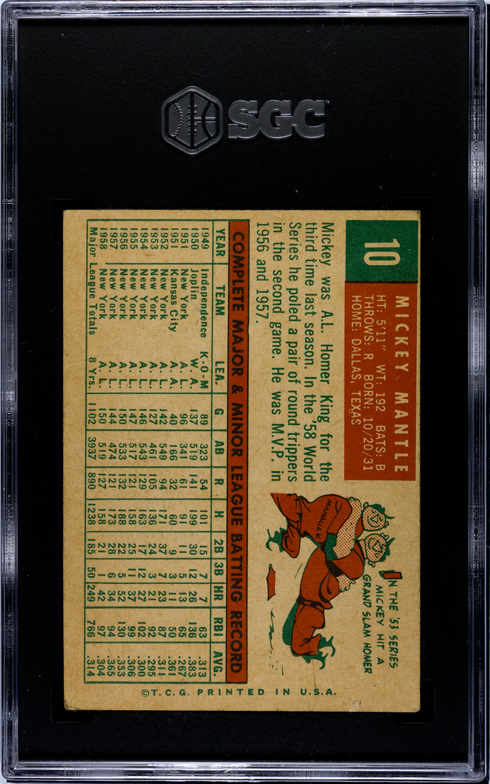1959 Topps #10 Mickey Mantle SGC 2.5