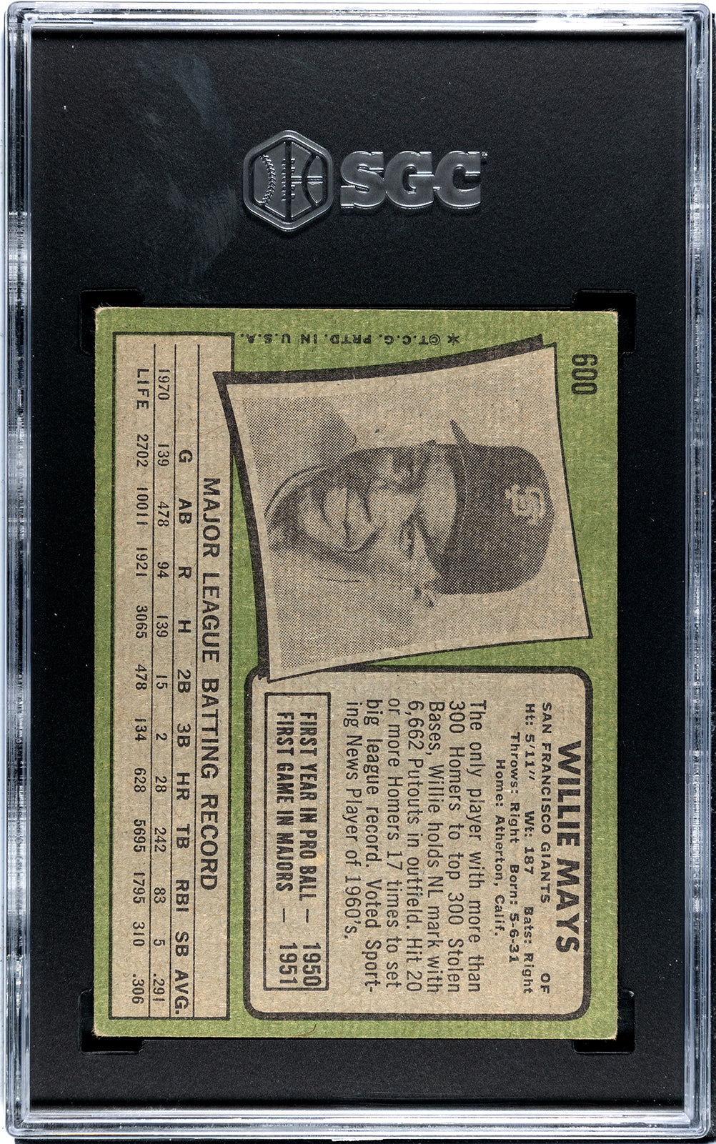 1971 Topps #600 Willie Mays SGC 4