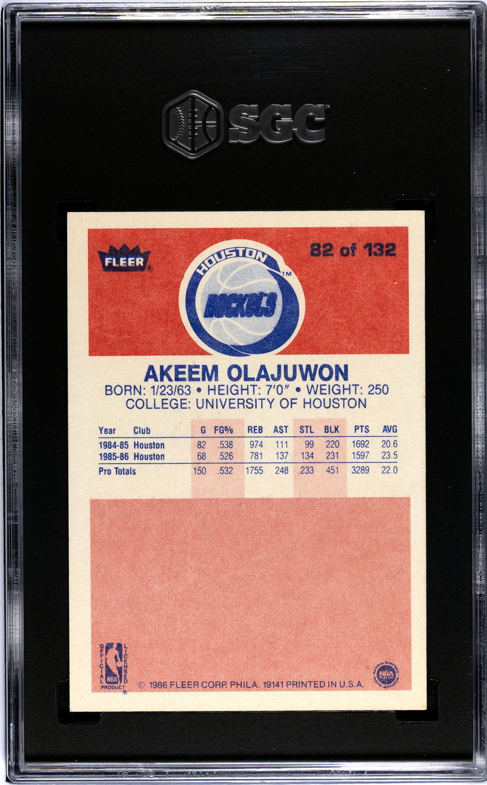1986 Fleer #82 Akeem Olajuwon SGC 8
