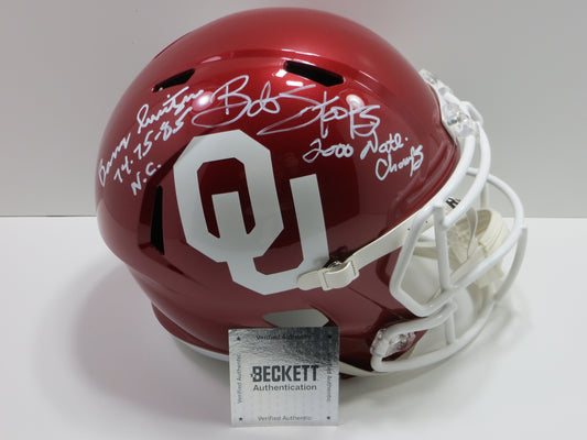 BARRY SWITZER BOB STOOPS SIGNED OKLAHOMA OU SOONERS FULL SIZE HELMET BAS