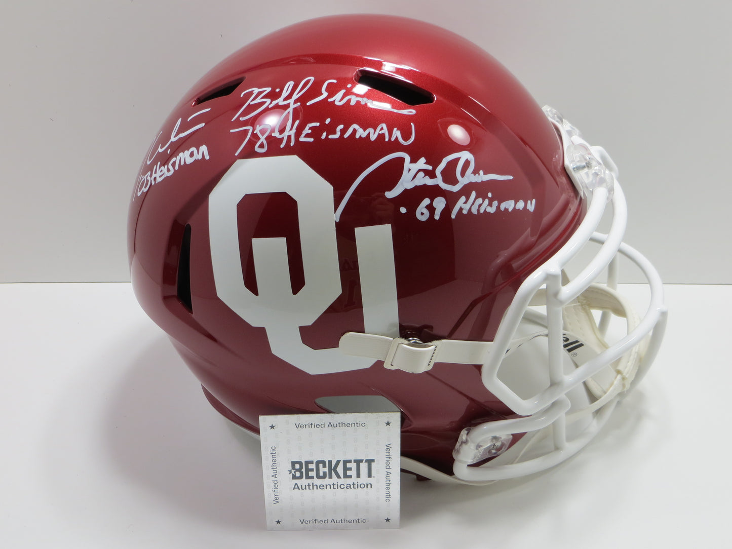 OKLAHOMA OU SOONERS HEISMAN SIGNED FULL SIZE HELMET White Sims Owens BAS