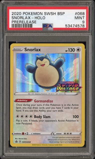 2020 Pokemon - Snorlax (Prerelease Stamp) - SWSH068 Vivid Voltage PSA 9