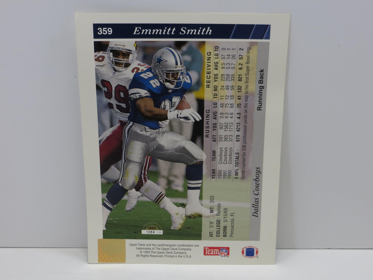 EMMITT SMITH DALLAS COWBOYS SIGNED UPPER DECK FOOTBALL #359 BIG CARD JSA