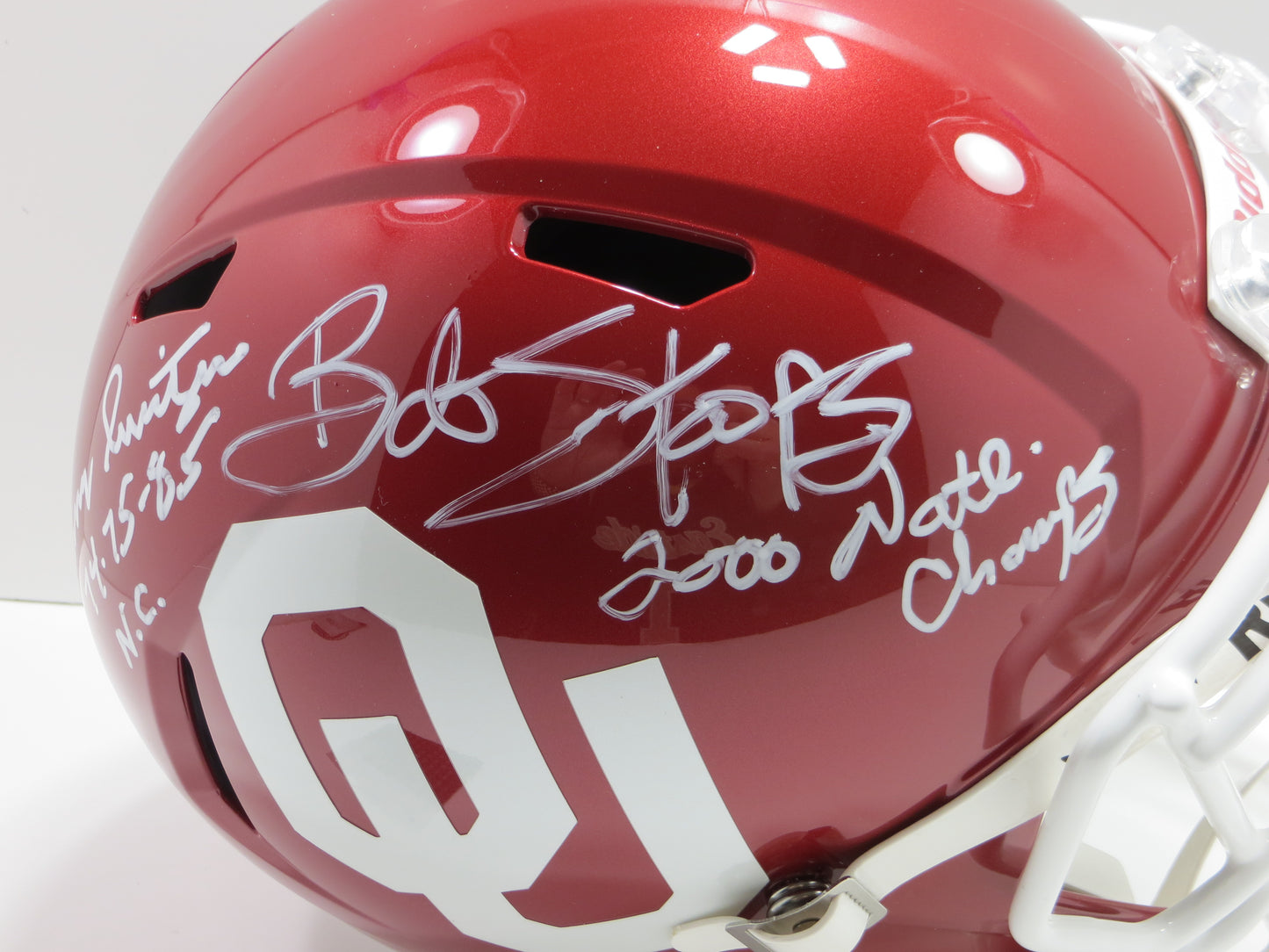 BARRY SWITZER BOB STOOPS SIGNED OKLAHOMA OU SOONERS FULL SIZE HELMET BAS