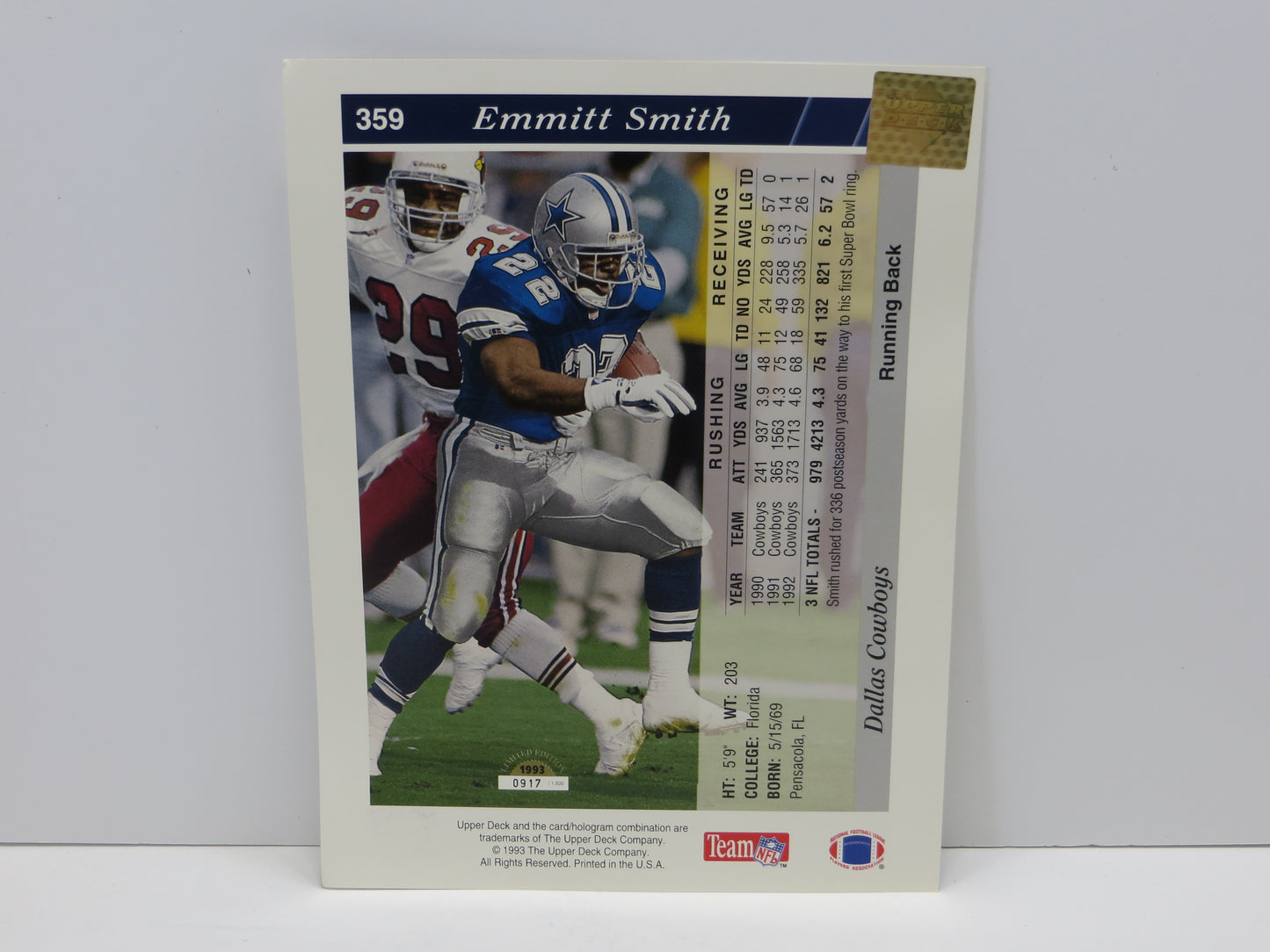 EMMITT SMITH DALLAS COWBOYS SIGNED UPPER DECK FOOTBALL #359 BIG CARD JSA