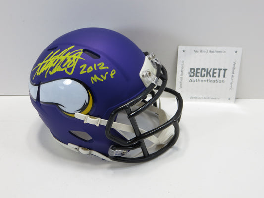 ADRIAN PETERSON SIGNED MINNESOTA VIKINGS MINI HELMET w/2012 MVP Sooners BAS