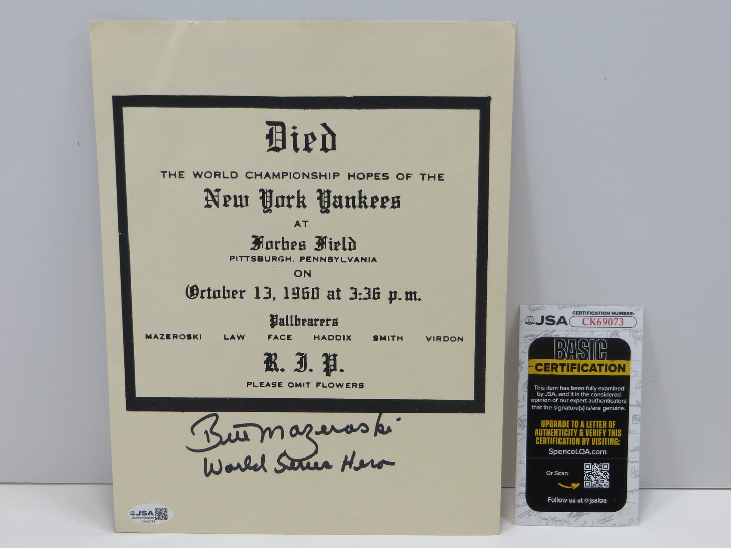BILL MAZEROSKI PITTSBURGH PIRATES SIGNED DIED YANKEES HOPES w/WS Hero JSA COA
