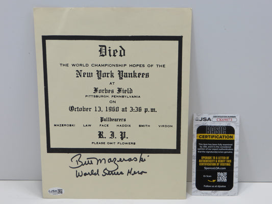 BILL MAZEROSKI PITTSBURGH PIRATES SIGNED DIED YANKEES HOPES w/WS Hero JSA COA