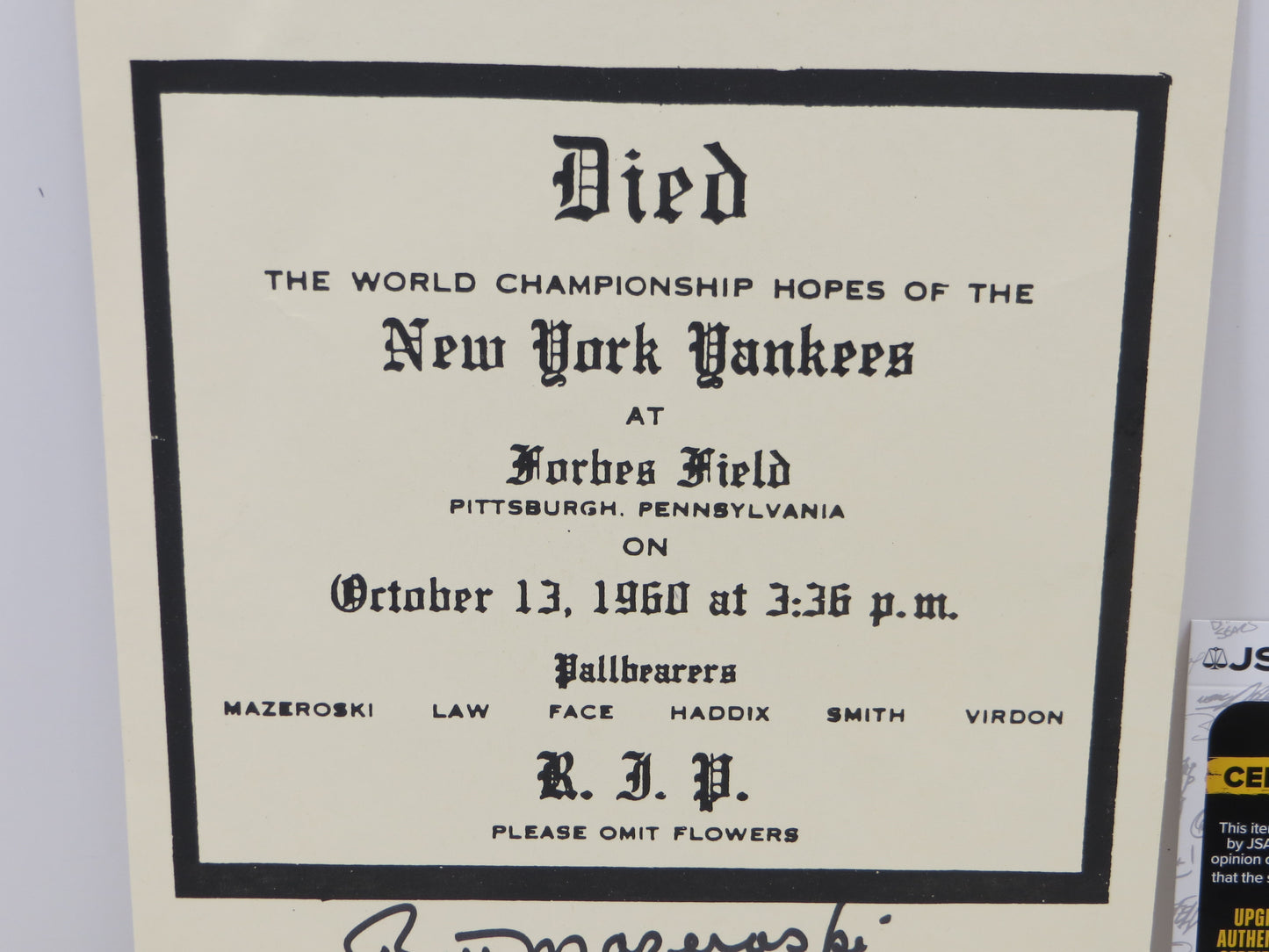 BILL MAZEROSKI PITTSBURGH PIRATES SIGNED DIED YANKEES HOPES w/WS Hero JSA COA