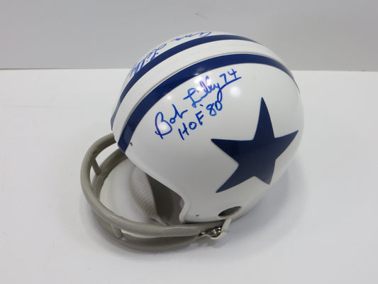 BOB & ANN LILLY SIGNED THROWBACK DALLAS COWBOYS 2-BAR MINI HELMET JSA COA