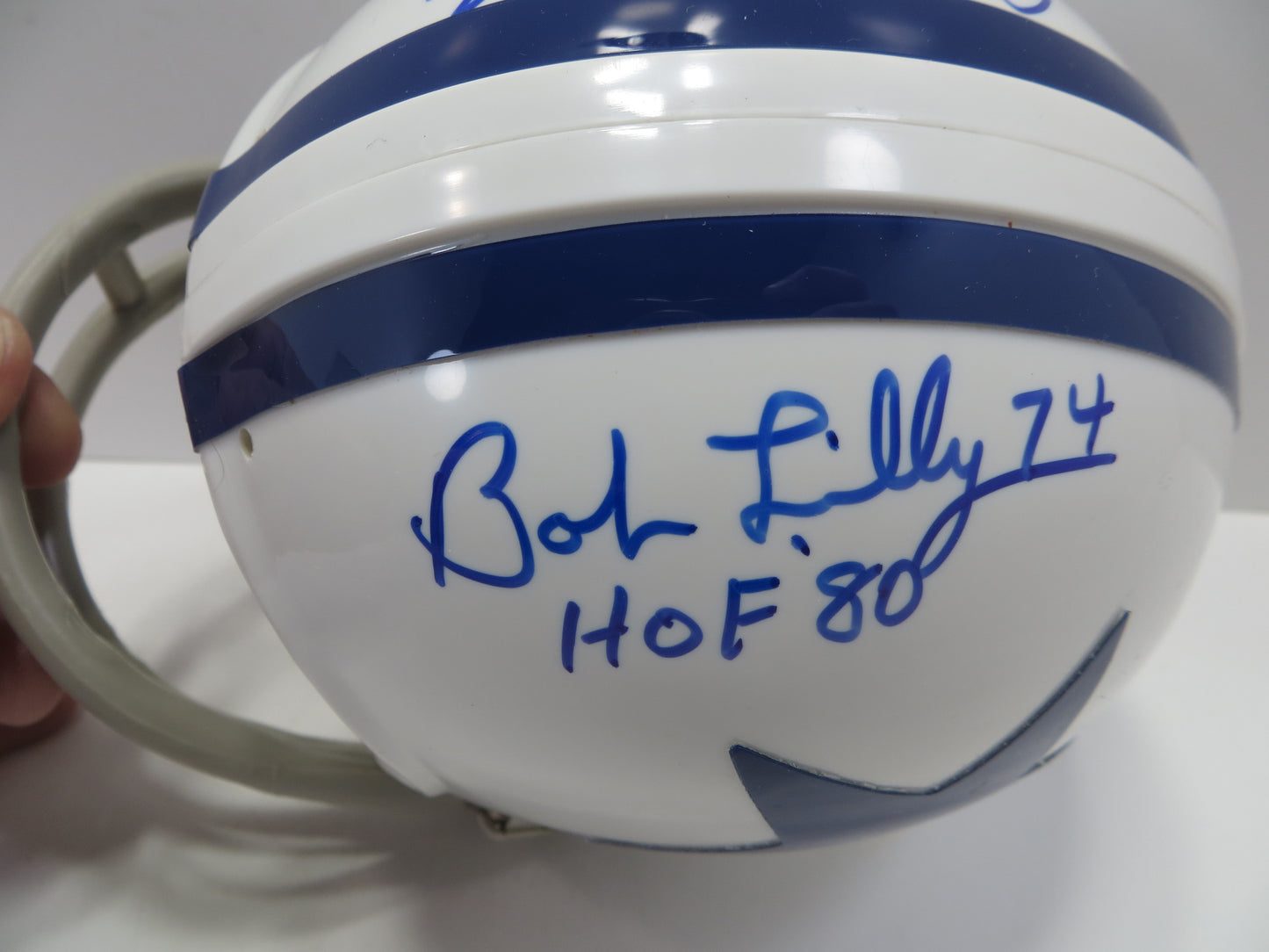 BOB & ANN LILLY SIGNED THROWBACK DALLAS COWBOYS 2-BAR MINI HELMET JSA COA