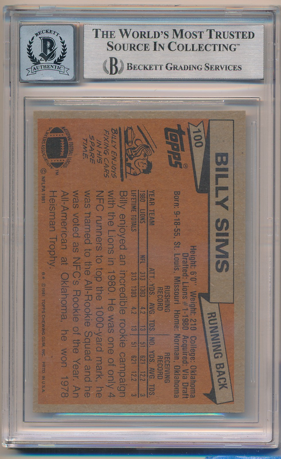 1981 TOPPS #100 BILLY SIMS AP AUTHENTIC AUTO BAS SLAB 10