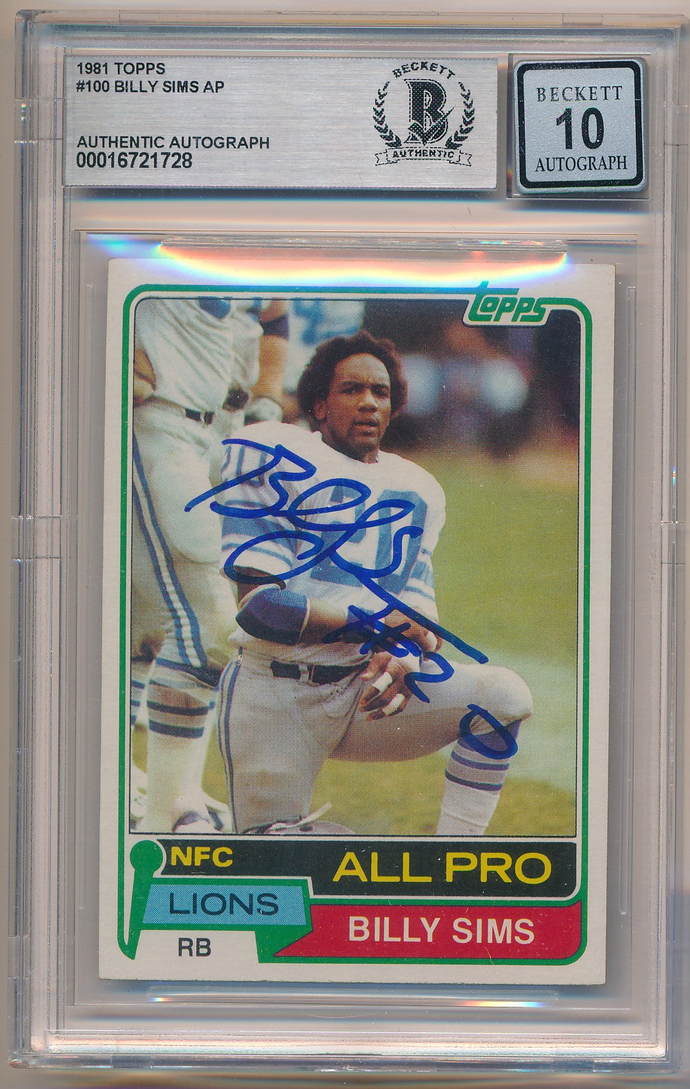 1981 TOPPS #100 BILLY SIMS AP AUTHENTIC AUTO BAS SLAB 10