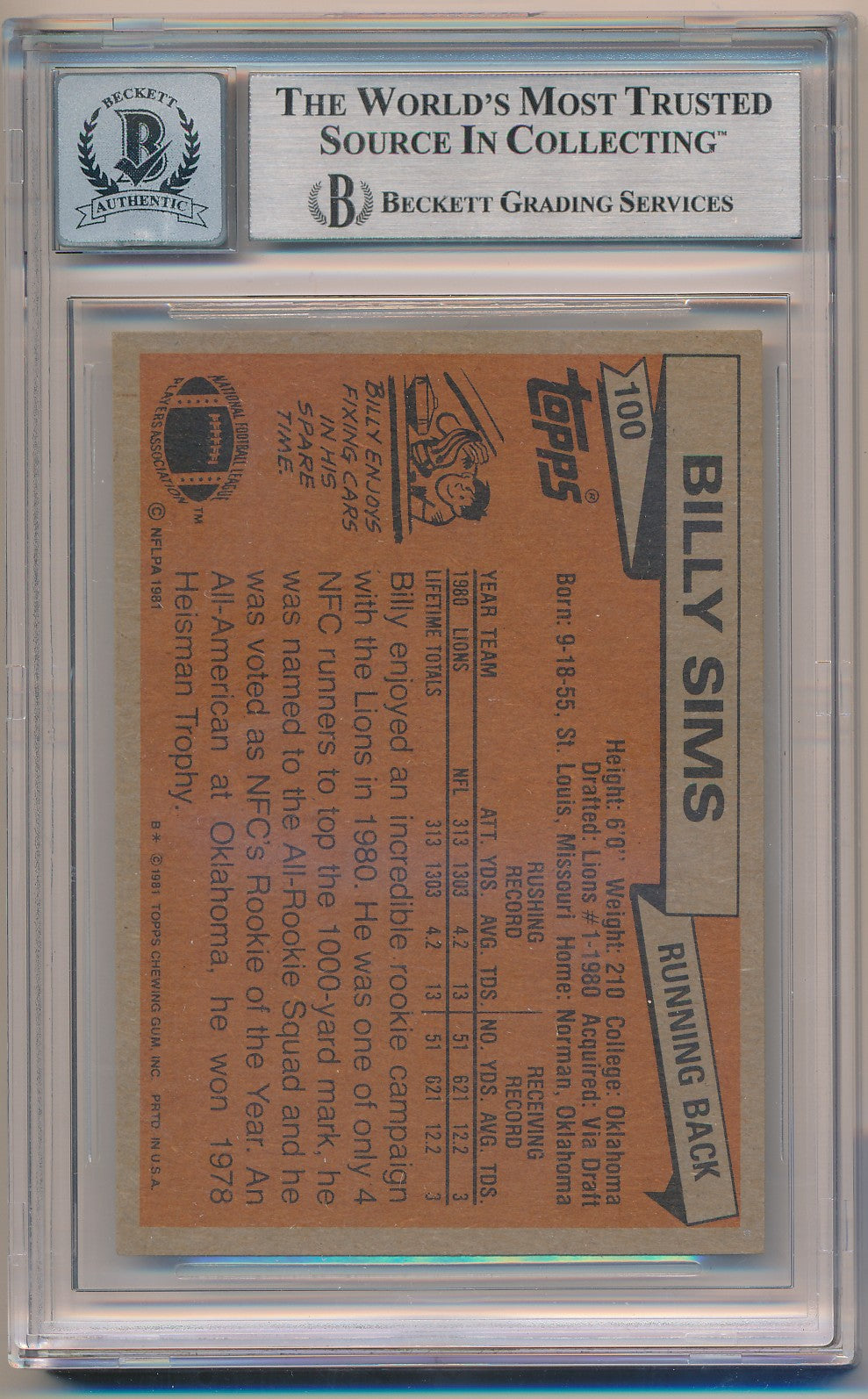 1981 TOPPS #100 BILLY SIMS AP AUTHENTIC AUTO BAS SLAB 10