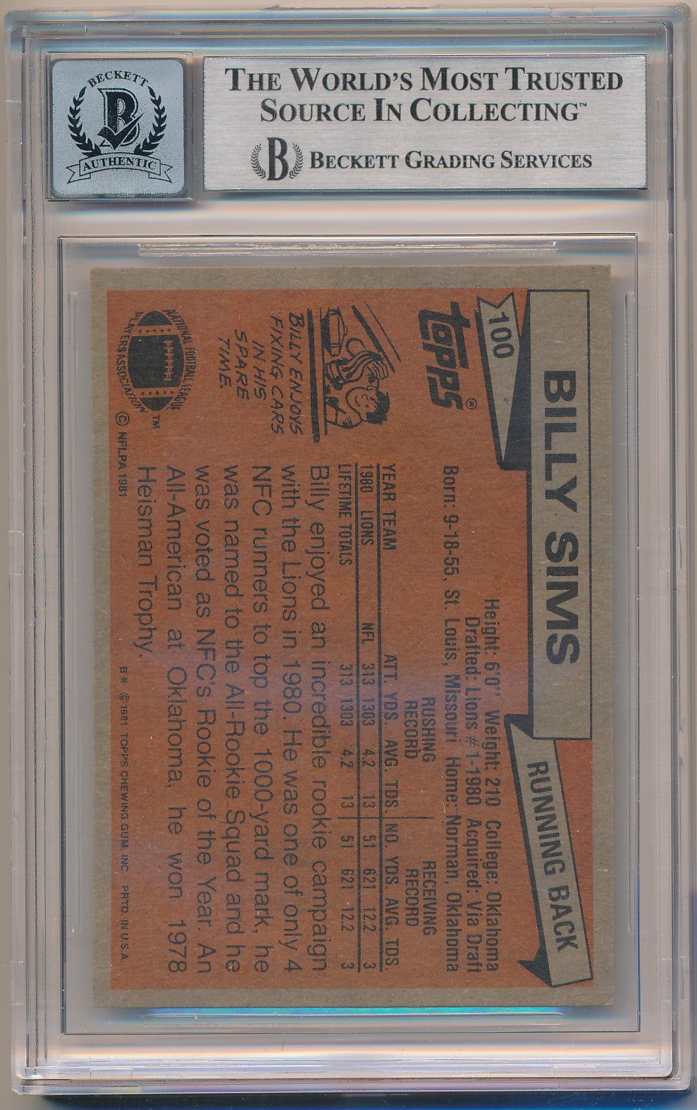 1981 TOPPS #100 BILLY SIMS AP AUTHENTIC AUTO BAS SLAB 10