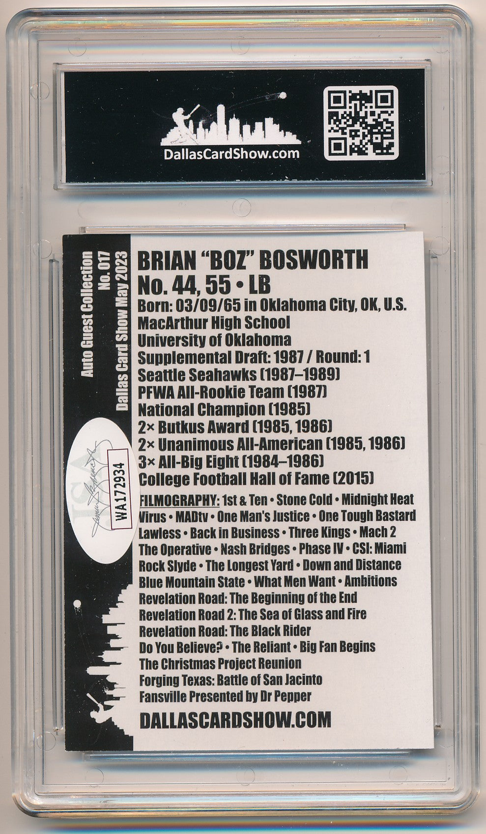 DALLAS CARD SHOW DCS SELECT BRIAN BOSWORTH AUTHENTIC AUTO JSA