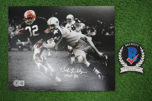 BOB LILLY DALLAS COWBOYS SIGNED 8x10 PHOTO vs JIM BROWN w/HOF 80 BAS COA