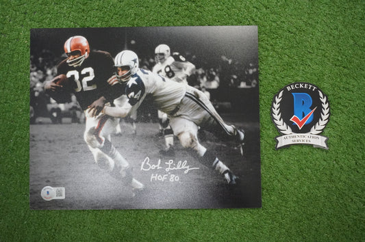 BOB LILLY DALLAS COWBOYS SIGNED 8x10 PHOTO vs JIM BROWN w/HOF 80 BAS COA