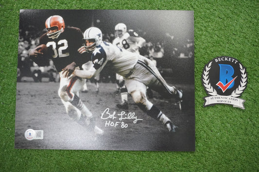 BOB LILLY DALLAS COWBOYS SIGNED 8x10 PHOTO vs JIM BROWN w/HOF 80 BAS COA