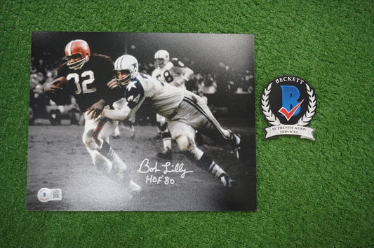 BOB LILLY DALLAS COWBOYS SIGNED 8x10 PHOTO vs JIM BROWN w/HOF 80 BAS COA