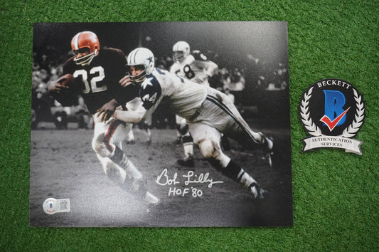 BOB LILLY DALLAS COWBOYS SIGNED 8x10 PHOTO vs JIM BROWN w/HOF 80 BAS COA
