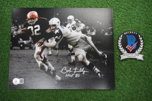 BOB LILLY DALLAS COWBOYS SIGNED 8x10 PHOTO vs JIM BROWN w/HOF 80 BAS COA