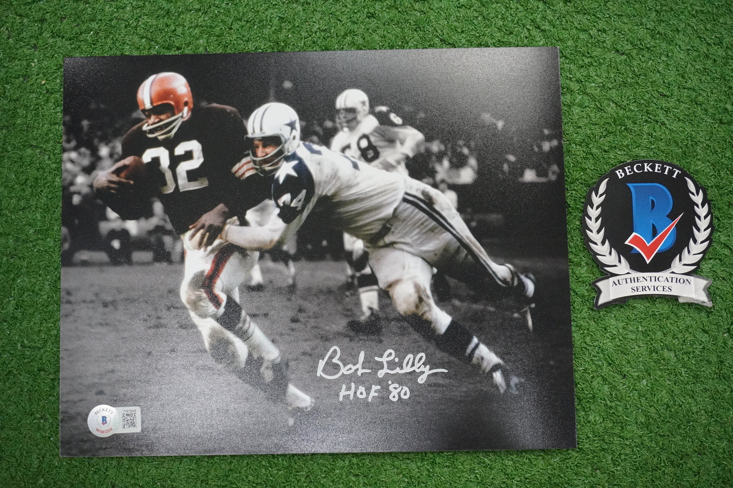 BOB LILLY DALLAS COWBOYS SIGNED 8x10 PHOTO vs JIM BROWN w/HOF 80 BAS COA
