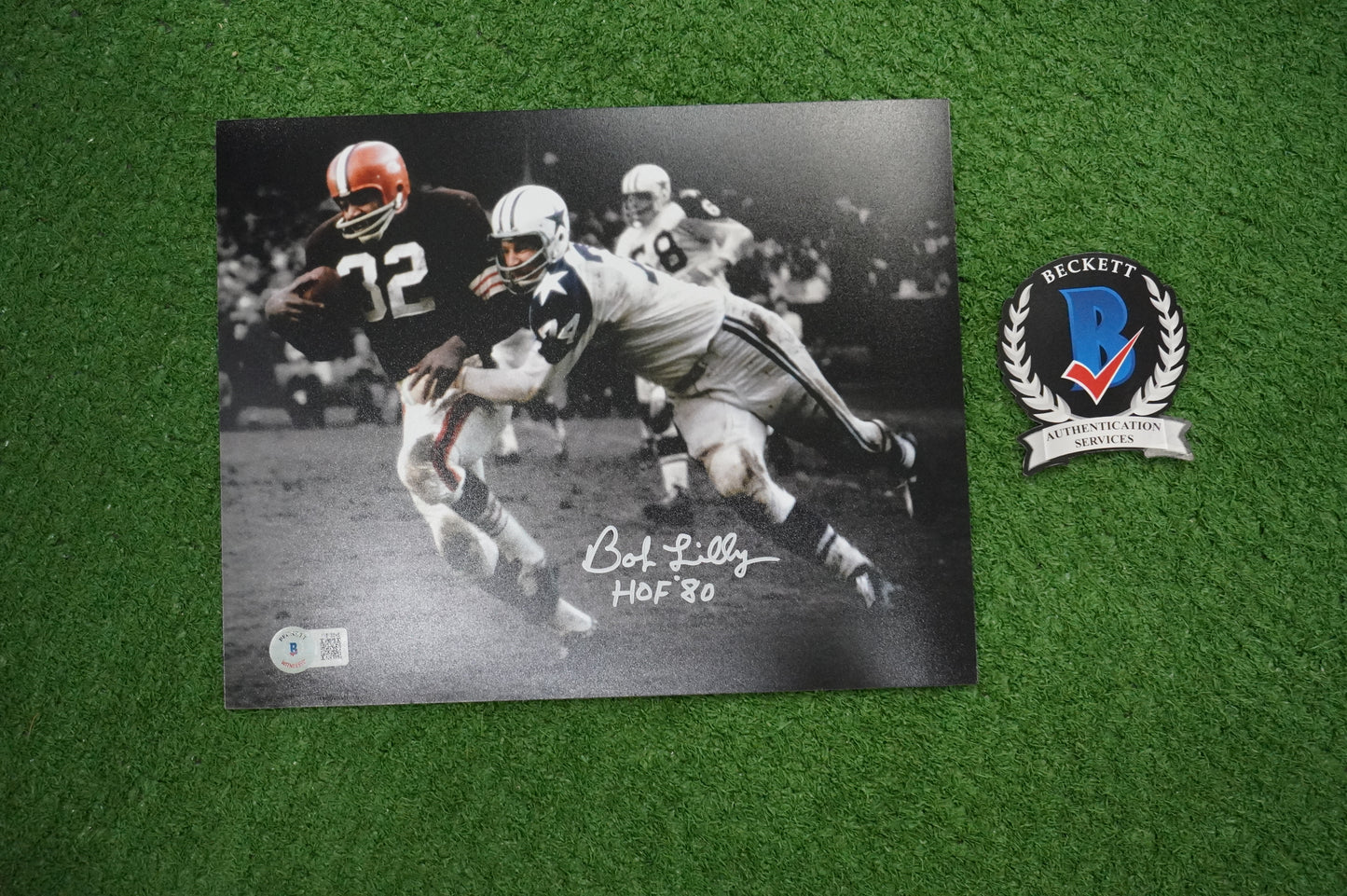 BOB LILLY DALLAS COWBOYS SIGNED 8x10 PHOTO vs JIM BROWN w/HOF 80 BAS COA