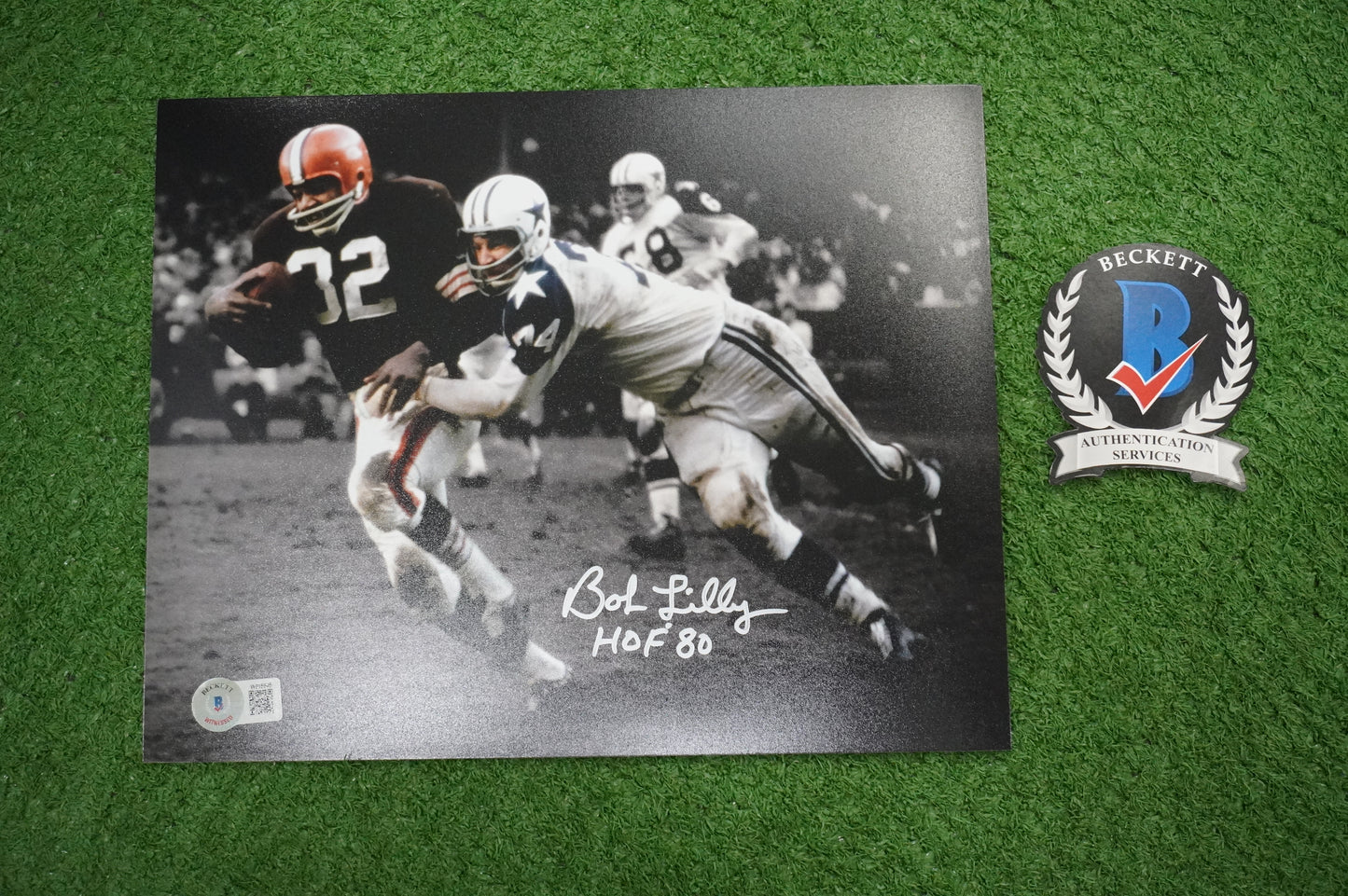 BOB LILLY DALLAS COWBOYS SIGNED 8x10 PHOTO vs JIM BROWN w/HOF 80 BAS COA