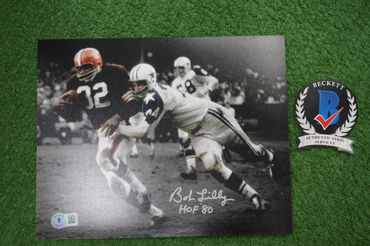 BOB LILLY DALLAS COWBOYS SIGNED 8x10 PHOTO vs JIM BROWN w/HOF 80 BAS COA