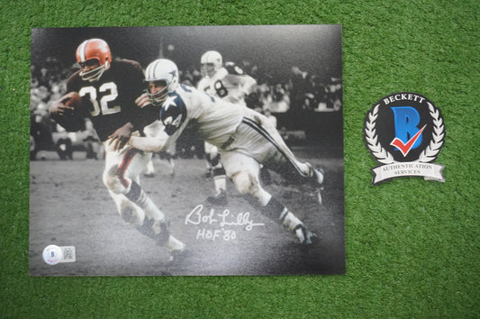 BOB LILLY DALLAS COWBOYS SIGNED 8x10 PHOTO vs JIM BROWN w/HOF 80 BAS COA